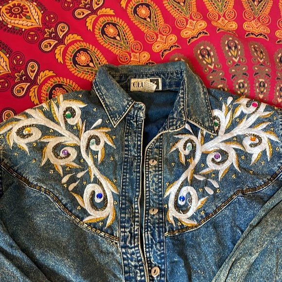 Vintage Jean bedazzled blouse- Sz M - Picture 1 of 5